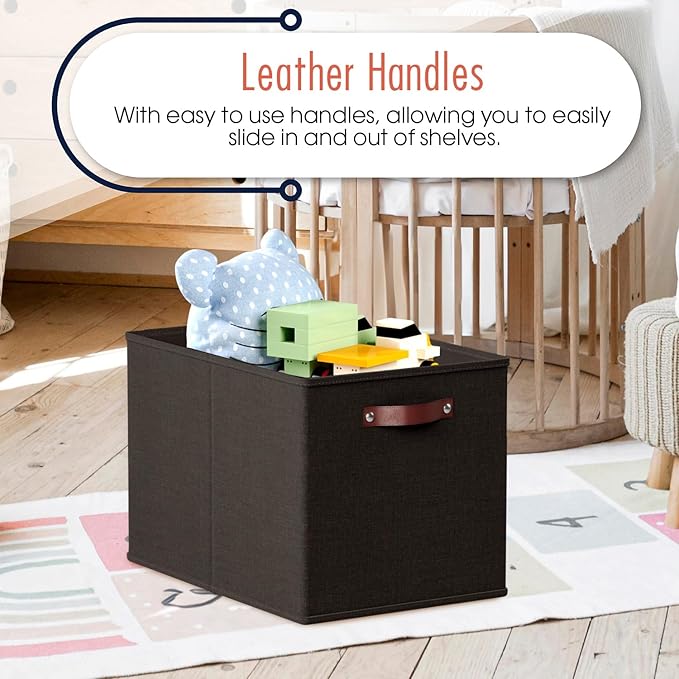 Ornavo Home 13 x 15 x 13 Kallax Storage Cube Bins, Foldable Collapsible Fabric Storage Bins Box Linen Shelf Basket Cube Organizer for Closet with Leather Handles, 6 Pack, Black
