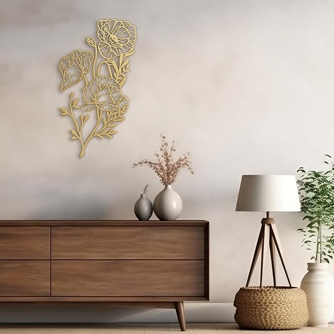 SIGNLEADER Metal Wall Art Decor Line flower Minimalist Modern Abstract Wall Sculpture Hangings Home Decoration for Living Room, Bedroom, Bathroom, Kitchen, Outdoor - 18" Gold