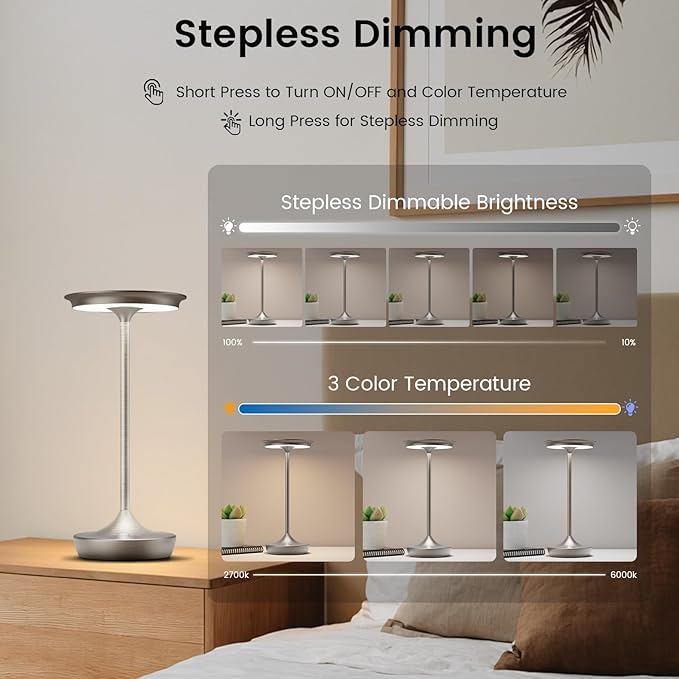 LED Cordless Table Lamp Rechargeable-Battery Operated Lamps, Portable 3 Color Touch Dimming Waterproof Light for Patio/Restaurant/Dining/Outdoor (Chrome)