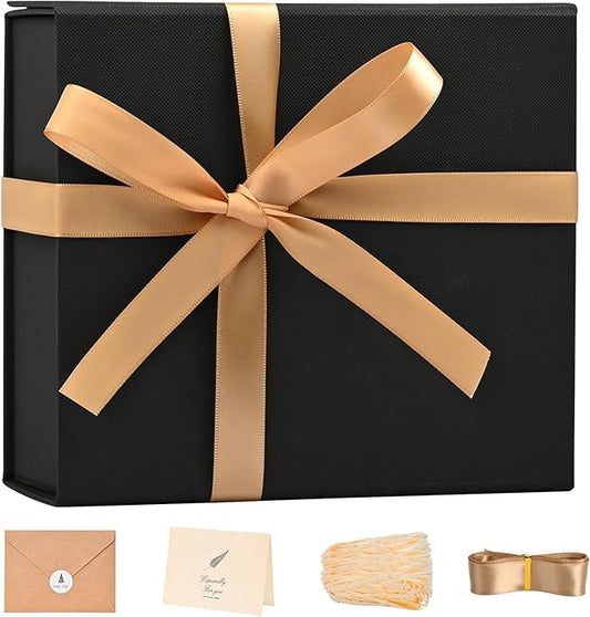 LIFELUM Small Black Gift Box 8 x 7 x 3 inch, Sturdy Gift Box with lid Magnetic Closure for Gift Include Greeting Cards,Ribbon,Shredded Paper Filler for Presents (1 Pcs)