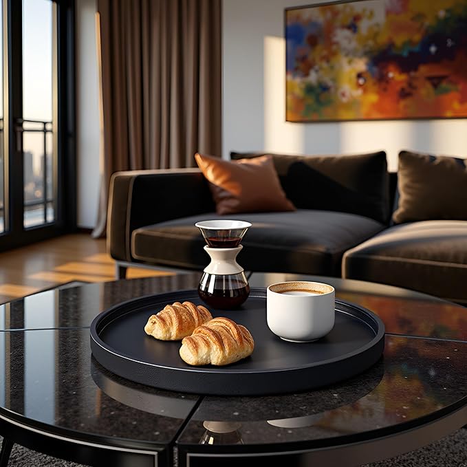20 x 20 inches High-end Luxury Leather Round Oversized Service Tray, Ottoman & Coffee Tray for Family Dinner, Out-of-House Picnic, Party Essential (20 inch Black)
