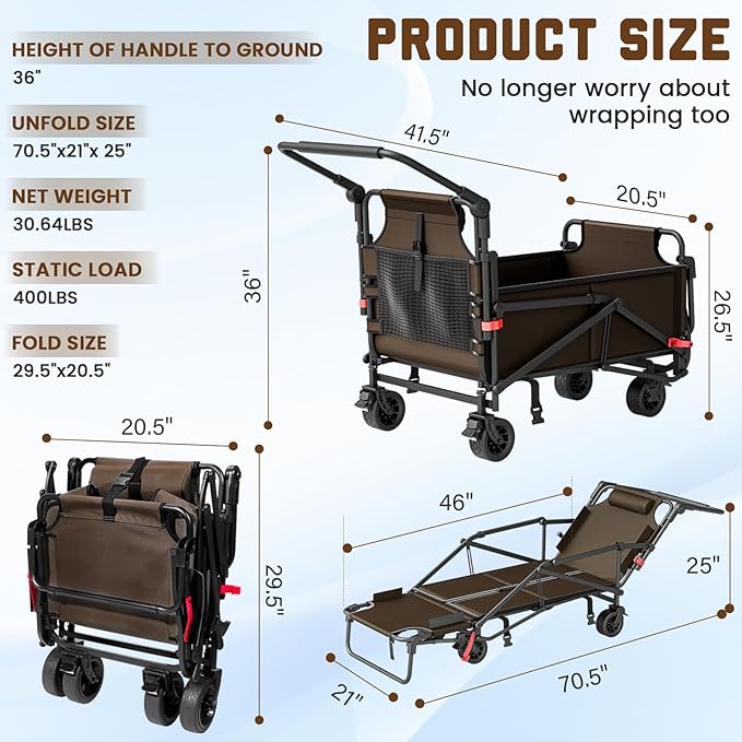 LEVELEVE Heavy Duty Folding Wagon - 2-in-1 Collapsible Cart, 400lb Capacity, All-Terrain Wheels w/Brakes & Side Pockets (Brown)