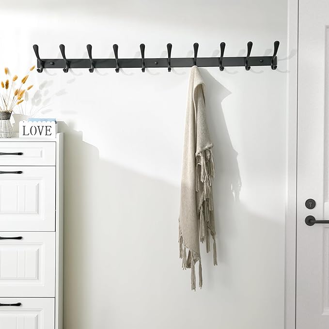 SKOLOO Coat Rack Wall Mounted - 10 Hooks, Heavy Duty, Stainless Steel, Metal Wall Hangers, Sturdy Coat Hooks for Hanging Coats, Jacket, Clothes, Hat, Black