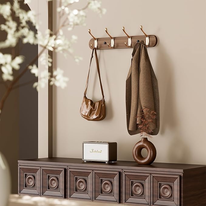 Coat Rack Wall Mount, Bamboo Coat Hanger with 4 Metal Pink Gold Hooks for Hanging Clothes, Towels, Keys, Hats, Bags(Brown)