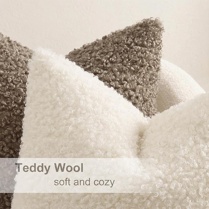 decorUhome Pack of 2 Throw Pillow Covers 24x24 Inch, Faux Fur Decorative Sherpa Pillow Covers Fuzzy Accent Soft Sheepskin Fleece Pillow Cases for Couch Living Room Bed, Neutral Cream