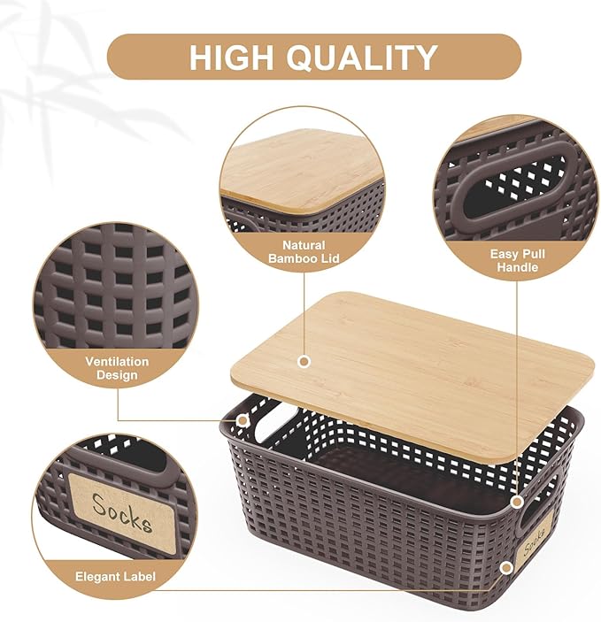 Plastic Storage Bins with Bamboo Lid - Stackable Pantry Storage Organizer with Lid - Storage Basket with Lable for Organizing: Small Storage Box for Shelves Cabinet Office Drawer Desktop 10x7x4in 6Pcs