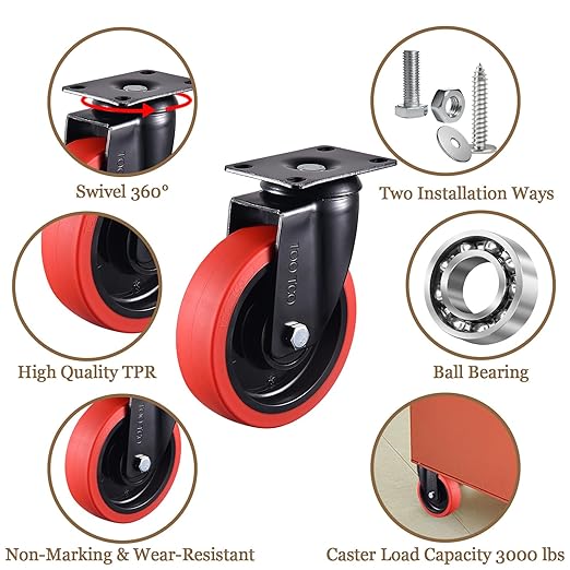 5 Inch Heavy Duty Caster Wheels Set of 4 (2 Swivel & 2 Fixed), 3000 LBS Capacity, Premium Rubber Casters, Silent Rolling for Workbench, Cart, Trolley, Dolly, Industrial-Grade Casters