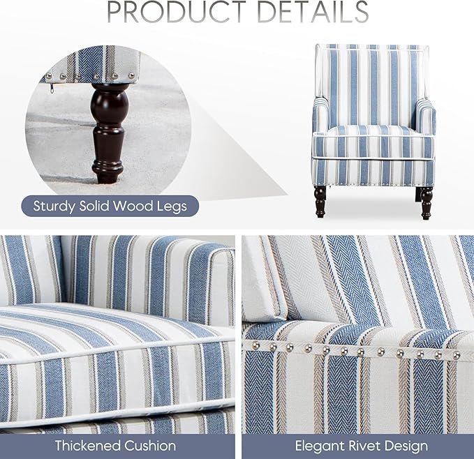 Yogald Vintage Striped Accent Armchair, Mid Century Corner Chair with Nail-Head Trim, Comfy Upholstered Reading Chair, Mediterranean Chair for Living Room Bedroom Guest Room (Blue and White Linen)