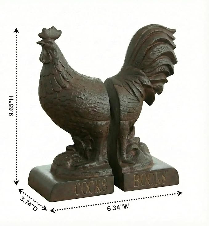 Comfy Hour Rooster Decorative Bookends, Vintage Farmhouse Style Animal Book Ends for Shelves, Heavy Duty Antique Rusty Effect Book Stopper for Books & Cookbooks, 1 Pair