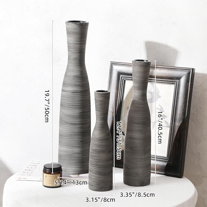 ALMA 20" Black Tall Skinny Flower Vase for Floor, Grey Modern Decorative Ceramic Vase for Living Room Floor, Dinner Table, Entryway, Fireplace, Bookshelf, Offer, Home Decor