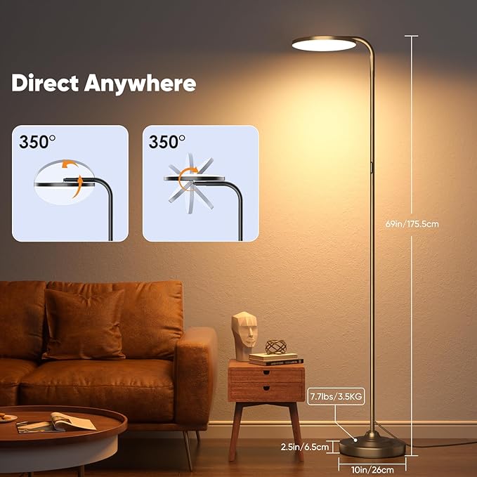SIBRILLE 36W LED Floor Lamp, Upgrade Super Bright Standing Lamp, Modern Stepless Dimmable Torchiere Tall Lamp with Remote Control, 350°Rotating Head Reading Floor Lamp for Living Room, Bedroom, Office