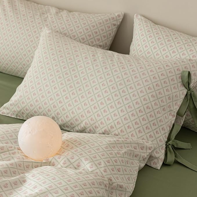 Pink Flower Duvet Cover Queen Green Plaid Grid Duvet Cover 100% Cotton Floral Cottagecore Bedding Set Queen with 2 Bow Ties Pillowcases Vintage Aesthetic Girls Comforter Cover with Zipper Closure