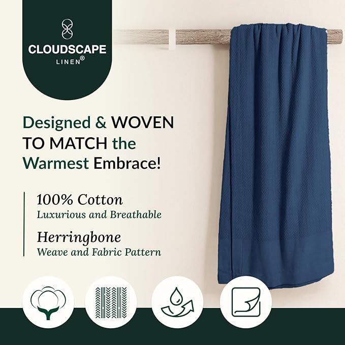 Cloud Scape Linen 100% Cotton Blanket 92x92 Ensign Blue - Cozy Herringbone Weave, Fits Up to for Full Size Beds, Breathable Softness, All-Season Warmth, Winter Blanket, for Women