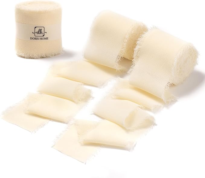 DORIS HOME Cream Chiffon Ribbon for Flower Bouquet, 2" x21Yd Fabric Ribbon for Gift Wrapping, Handmade Frayed Ribbon for Wedding, Chiffon Silk Ribbon for Christmas Decorations