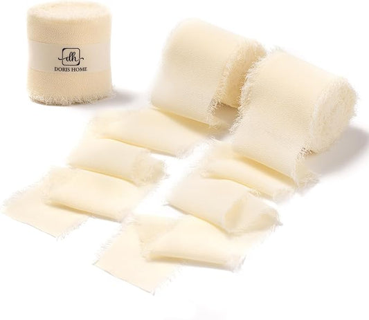 DORIS HOME Cream Chiffon Ribbon for Flower Bouquet, 2" x21Yd Fabric Ribbon for Gift Wrapping, Handmade Frayed Ribbon for Wedding, Chiffon Silk Ribbon for Christmas Decorations