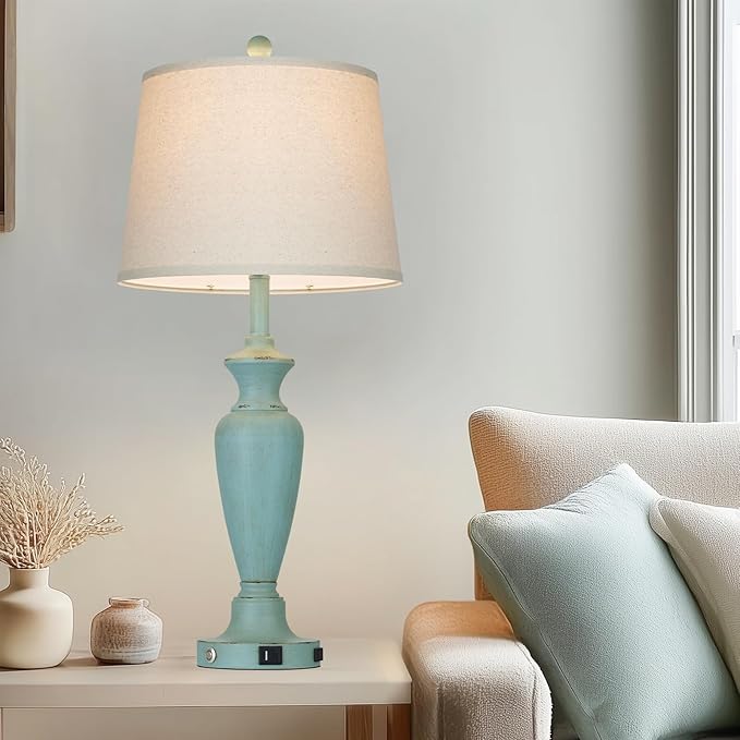 30" Tall Metal Table Lamps Set of 2, Touch Control Bedside Lamps for Bedroom Nightstand, 3-Way Dimmable Farmhouse Lamp for Living Room with Charging Ports, Retro Blue (2 LED Bulbs Included)