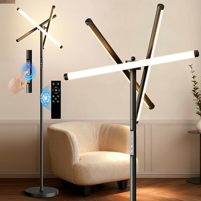 Modern LED Dimmable Floor Lamp, Black Tall Standing Lamp for Living Room Bedroom with 3 Rotatable Lamp Bars, 70'' Bright Stepless Dimmable LED Tree Floor Light with Remote Control