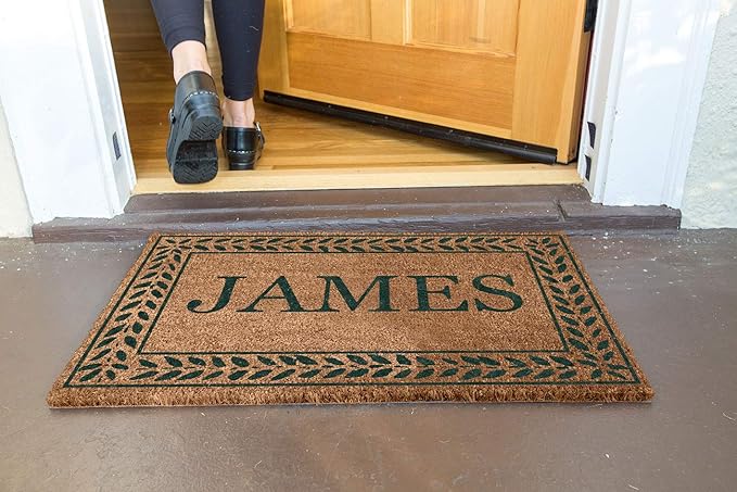 COCO MATS 'N MORE Green Leafy Vines Bordered Personalized Coco Doormat 18" x 30" with Vinyl Backing | Doormat Outdoor Catches Dirt for a Clean Home | Unique Housewarming Gifts