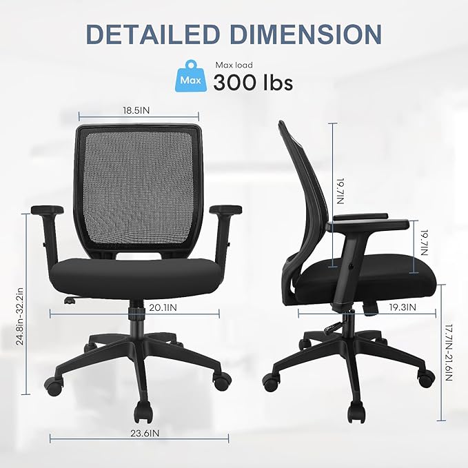 Schwake Ergonomic Office Chair Home Mesh Desk Chair with Adjustable Arms - Mid Back Computer Chairs for Adults - Swivel Task Chair Comfortable for Home Office (Black)