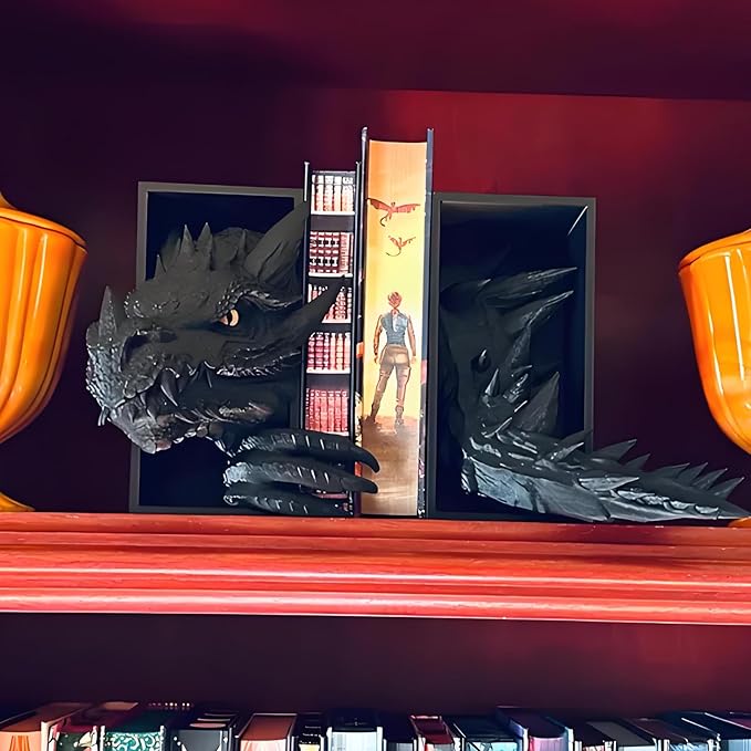 Dragon Bookshelf Decor Gothic Fantasy Bookends Black Animal Statues for Shelves Book Lovers Gifts Unique Resin Shelf Holder Set (10"*6.1"*4.9") Home Office Decorative