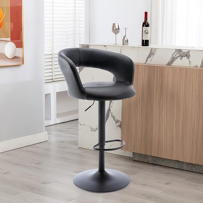 Brage Living Wide Bar Stool, Modern PU Leather Swivel Adjustable Barstool with Hollow Back and Arms, Upholstered Airlift Counter Height Bar Chair for Kitchen Dining (Black, Matte Black Base)