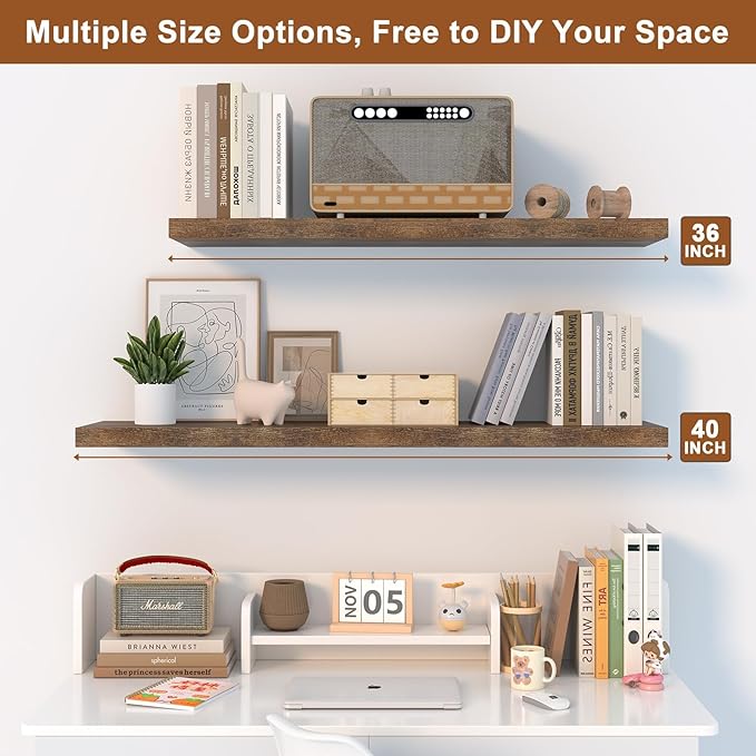 12 Inch Deep Floating Shelves for Wall 2 Pack Floating Shelfs Large Storage Space Wall Decor Display Shelf for Bathroom Living Room Bedroom Kitchen 23.8" W x 12" D x 1.2" H Rustic Brown