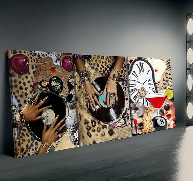 3 Pcs Leopard Wall Art , Black Woman Cheetah Print Room Posters Print Lucky 8 Ball Art, Funky Women's Aesthetic Room Pictures Girls Dorm Canvas Wall Art Decor for Dorm, Apartments, Bathroom, Bedroom 16*24 in