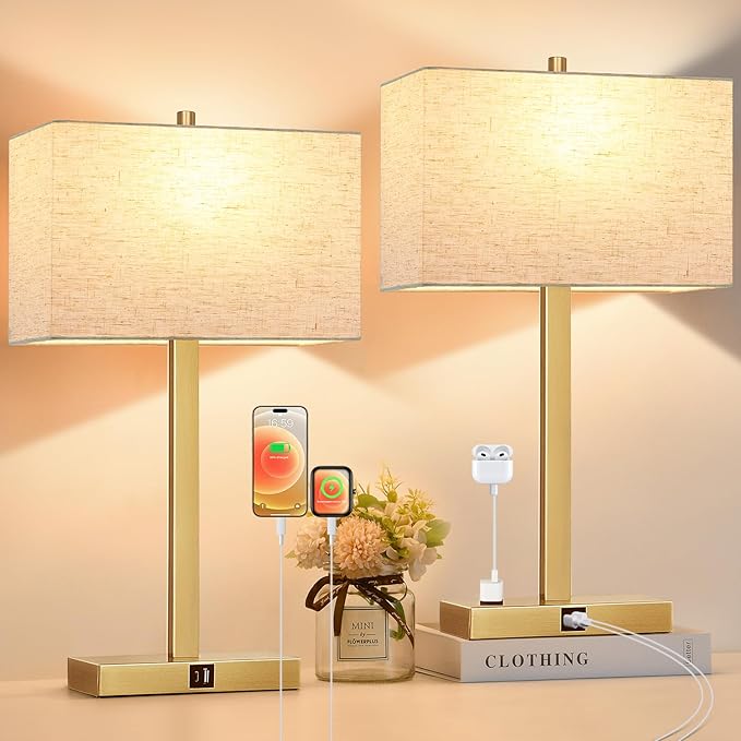 Lynnoland 21" Set of 2 Table lamp with USB A+C & AC Outlets, Touch Control 3-Way Dimmable Nightstand Lamps for Living Room Bedroom Office Reading, Linen Shade Touch Lamps, 3000K LED Bulbs Included