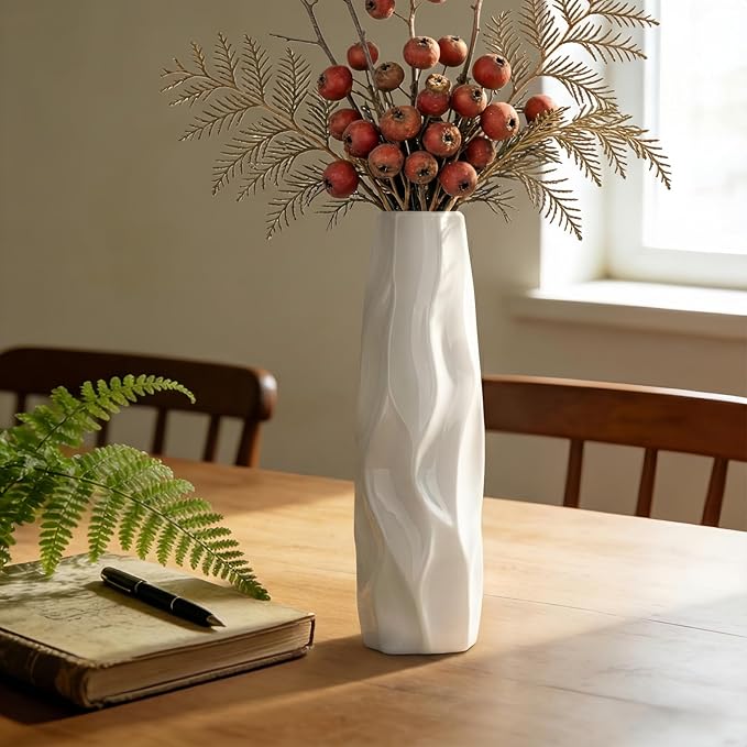 12 Inch White Vase Ceramic Flower Vase, Tall Vases for Pampas Grass, Home Decor, Modern Textured Vases for Living Room Decorations,Table Centerpieces,Shelf,Farmhouse Small Ceramic Vase