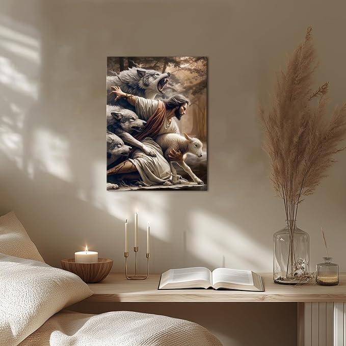 Jesus and Lamb Canvas Wall Art Jesus Saves the Lost Lamb Poster Wall Decor God Protect A sheep From Wolves Print Painting Christian Picture Artwork for Living Room Bedroom Church 12x16in Framed