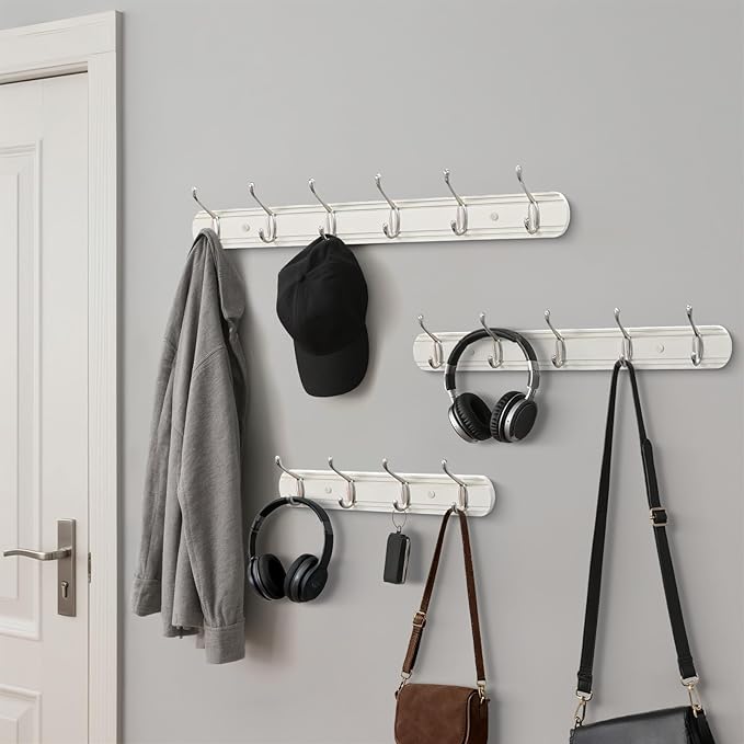 Coat Hooks Wall Mount, Wood Bamboo Wall Coat Rack with 6 Metal Hooks for Hanging Clothes, Towels, Keys, Bags(White&Brushed Nickel)