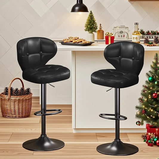 Bar Stools Set of 2, Adjustable Swivel Bar Chairs with Backrest and Footrest, Modern PU Leather Upholstered Counter Height Stools for Kitchen Island, Bar, Dining Room Black