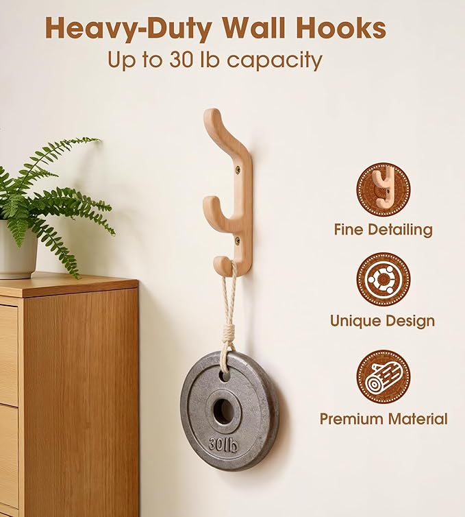 Wooden Wall Hooks for Coat and Towel – 2 Pack Beech Wood Pegs for Heavy Bags, Towels, Hats & Clothes, WCH3B, Wall Mounted Modern Home Decor, Patent Pending, Large