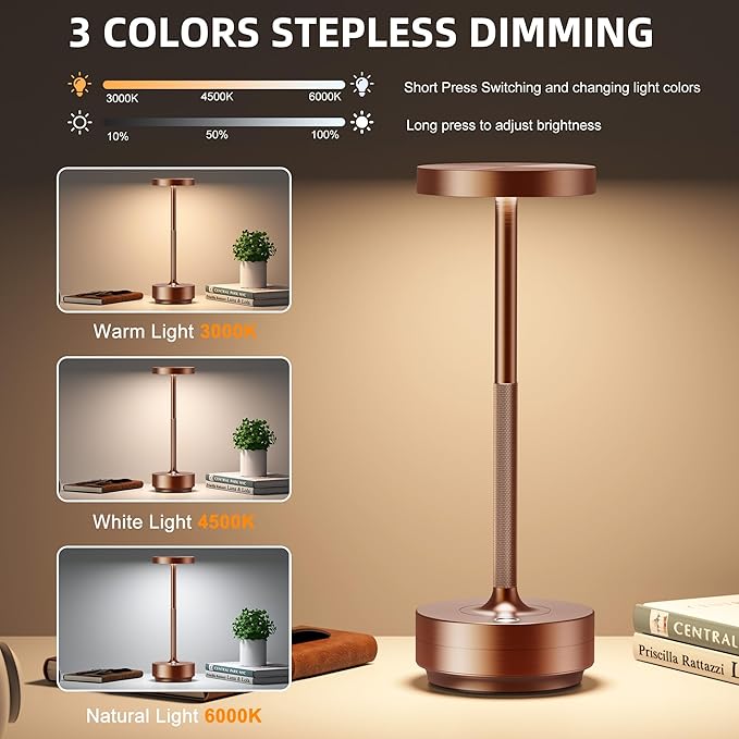 Cordless Table Lamp Rechargeable - Waterproof, Touch 3-Color Lighting Portable LED Table Light for Outdoor,Patio,Restaurant.(Coffee)