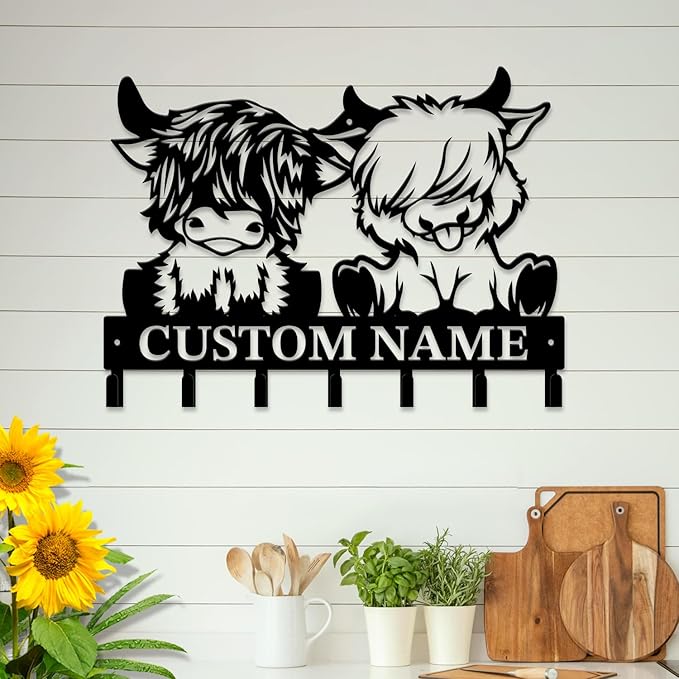 magilab Personalized Custom Highland Cow Wall Hooks,Metal Highland Cow Art Clothes Hooks,Metal Highland Cow Wall Home Storage Decorative,for Front Door, Hallway, Kitchen, Bedroom,Keys,Hats (Style C)