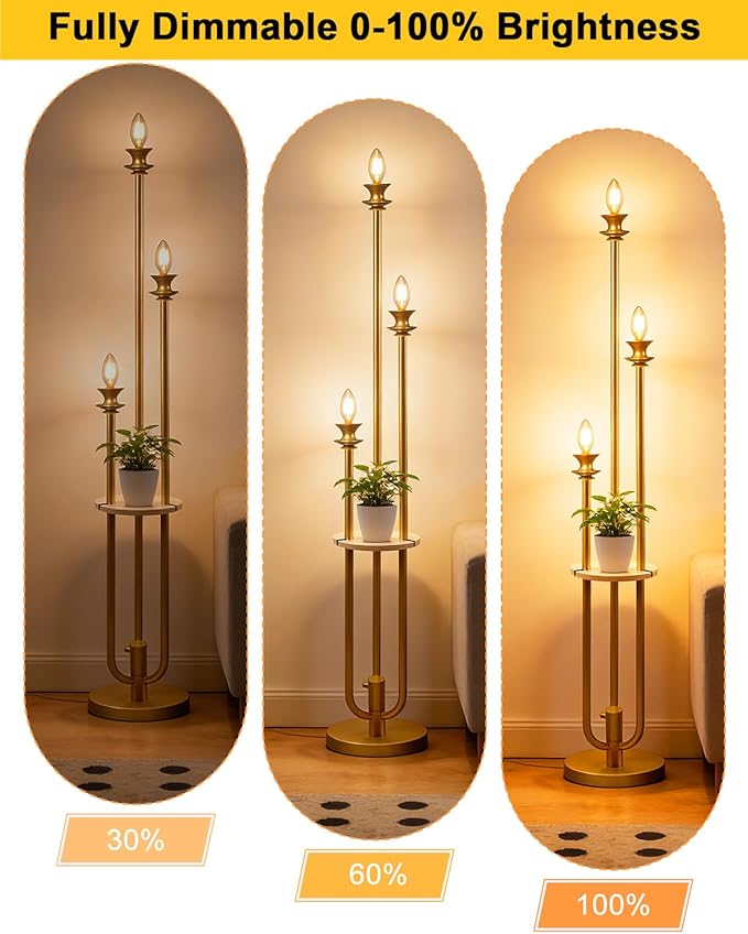 Lightdot Gold Dimmable Floor Lamp with Table, Modern Floor Lamps for Living Room, 3000K Warm Lights Tall Standing Lamp with Candle Bulb for Bedroom/Home Office