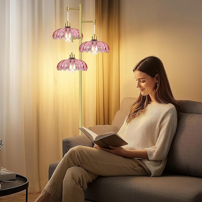 ZECOXOL Vintage Floor Lamps for Living Room Bedroom-3 Light Glass Floor Lamp with Three Led Bulb, Modern Mid Century Standing Lamp Brass Tall Lamp Gold Tree Floor Lamp for Bedroom Corner