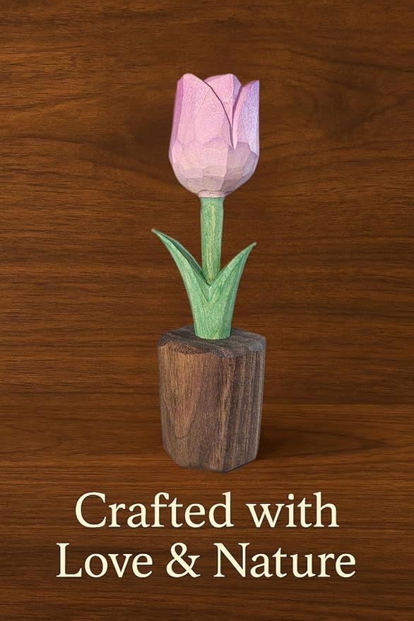 Handcrafted Wooden Tulip Figurine – Elegant Basswood Carved Sculpture, Unique Gift with Premium Gift Box, Ideal for Mother’s Day, Anniversary, Birthday, Home Office Décor (Purple)