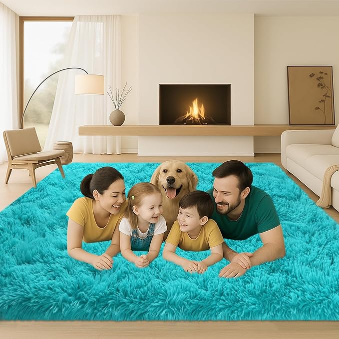 Mtandyx Teal Blue Plush Rug 6x9, Fluffy Shag Carpet Non-Slip, Area Rug for Living Room Bedroom, Modern Soft Rug for Kids Dorm, Hypoallergenic Easy-Clean