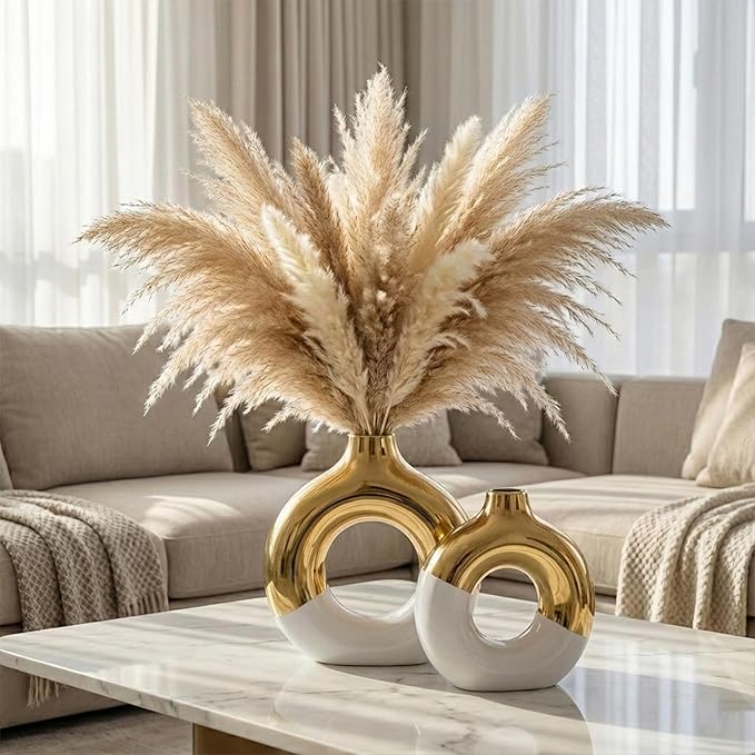 White and Gold Vase Decor Donut Vase Set of 2 - Circle Hollow Vases, Modern Matte Ceramic Vases for Entryway Living Room Bedroom Dining Table Centerpiece Office Home Decor