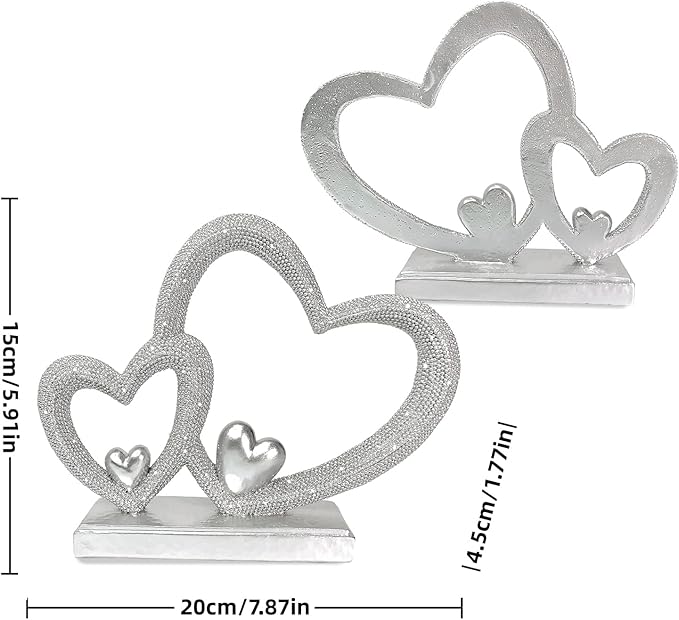 Double Heart Sculpture Valentine’s Day Statue, Faux Beaded Texture with Gold Accents, 7.9" Silver Romantic Decor for Shelf, Mantel, Bedroom, Wedding, for Her