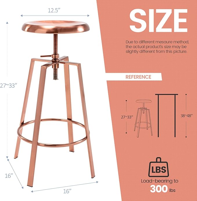 Brage Living Atlas Industrial Bar Stools Set of 2, Adjustable Swivel Four Legged Round Metal Barstools, Backless Counter Height Bar Chairs for Kitchen Dining (Rose Gold)