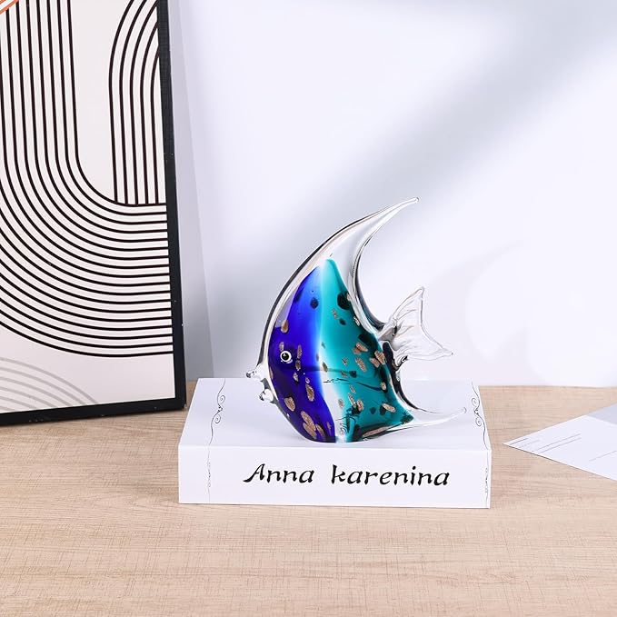 DOVDOV Hand-Blown Glass Fish Decorative Statues, Blue sea Glass Art Decor, Coastal-Themed Decor Suitable for Rooms, Offices, Coffee Tables, and TV Stands, Featuring Marine Animal Sculptures.