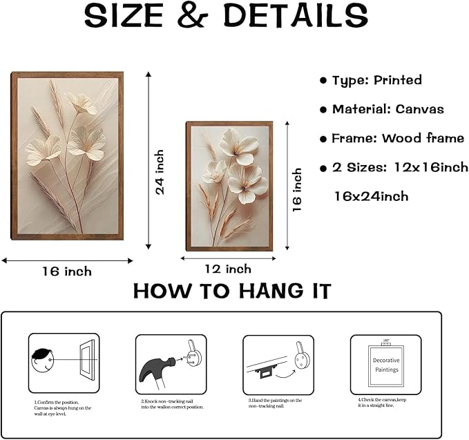 Neutral Beige Floral Canvas Wall Art Set of 3, Modern Minimalist Texture Botanical Wall Decor, Vintage Flower Poster Prints for Living Room Bedroom Farmhouse Ready Home Decor 12x16in Wood Framed