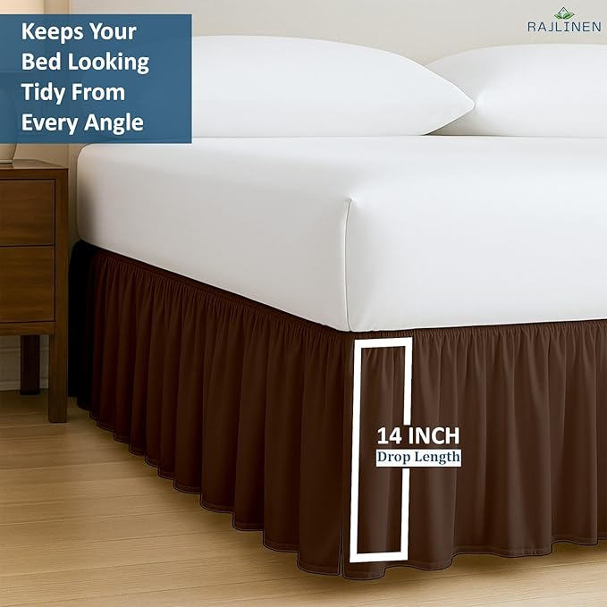 Rajlinen Ruffled Bed Skirt Full XL, 14 Inch Drop Dust Ruffle with Split Corners, 100% Microfiber Bedskirt with Platform, Three-Sided Coverage Ruffled Gathering Design, Chocolate
