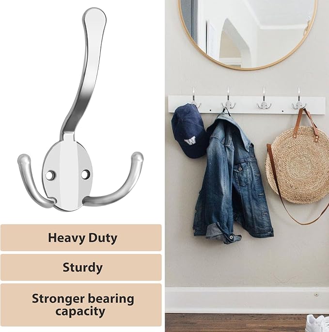 10 Pack Coat Hooks Heavy Duty, Metal Three Prongs Large Coat Hooks Wall Mounted with 20 Screws, No Rust Silver Rustic Wall Hooks for Hanging Towel, Coat, Scarf, Bag, Hat, Cup, Key