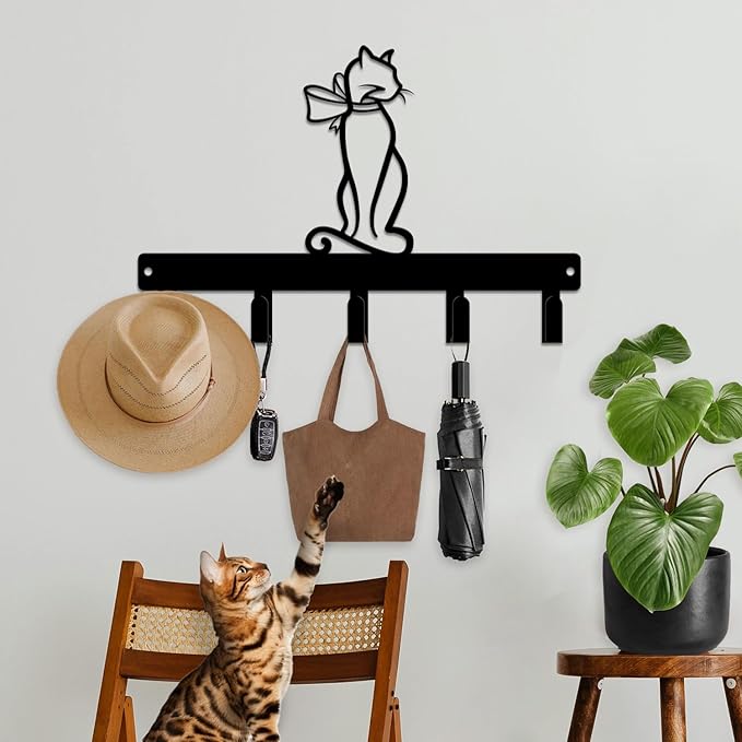 magilab Cat-Themed 10-Inch Iron Key Hooks with 5 Hooks, Black Wall Organizer - Cute Cat Design for Home Decor, No Drill & Screw-in Options (Style H)