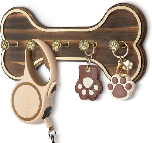 MTERSN Farmhouse Key Holder for Wall - Decorative Rustic Dog Leash Hanger Wall Mounted with Bone Shaped Hooks - Cute Storage Organizer for Home Decor (Retro Brown)