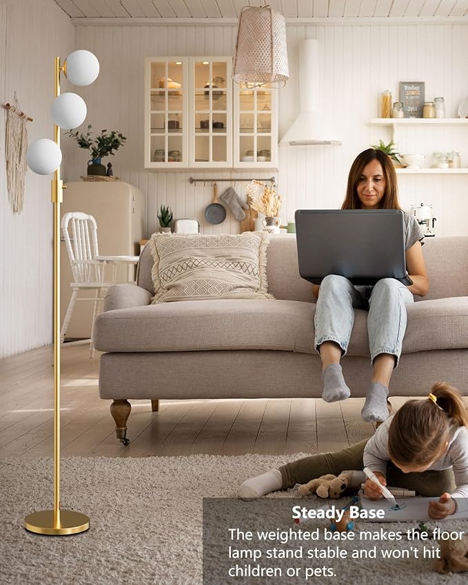 Lightdot 64IN Dimmable Globe Floor Lamp, Gold Standing Lamps with 3pcs 3000K G9 Bulbs Soft Warm White Eye Care, Mid Century Floor Lamp for Living Room