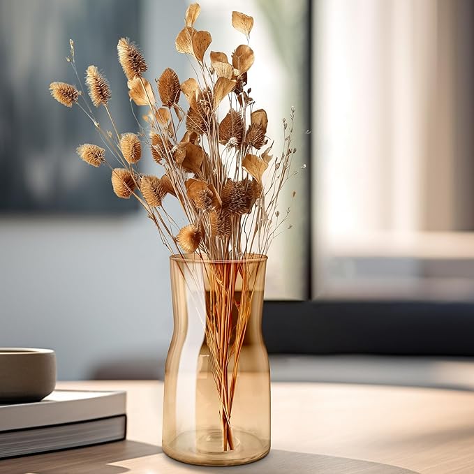 8 Inch Handmade Iridescent Glass Vase - Modern Boho Centerpiece for Flowers, Wedding, Home & Office Decor, Lightweight Clear Glass Table Vase, Unique Housewarming or Birthday Gift (Amber)